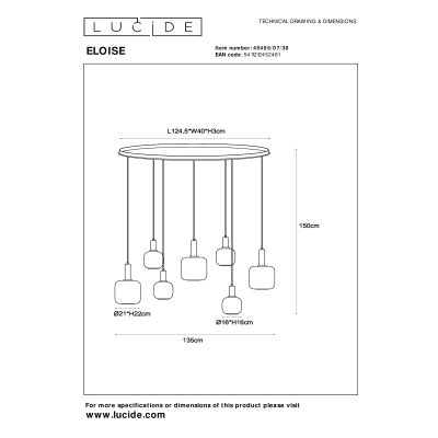 ELOISE - Pendant light - 7xE27 - Black 45405/07/30 Lucide